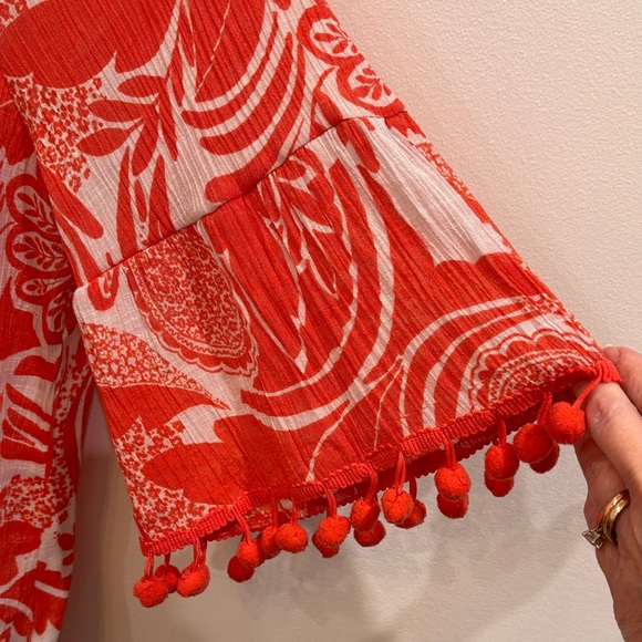 Unique Spectrum Red Floral Peasant Blouse with Pom Trim - Picture 2 of 5